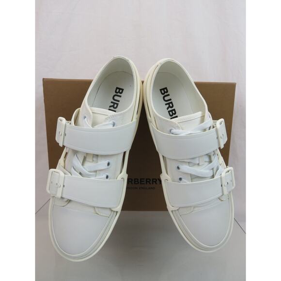 $790 BURBERRY LCS VERS WHITE CANVAS RUBBER STRAPS LOGO LOW TOP SNEAKERS 11 US 44 - Picture 6 of 14
